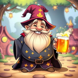 A cheerful, animated medium-sized wizard with a round belly and a joyful expression, as if he has just enjoyed a hearty drink