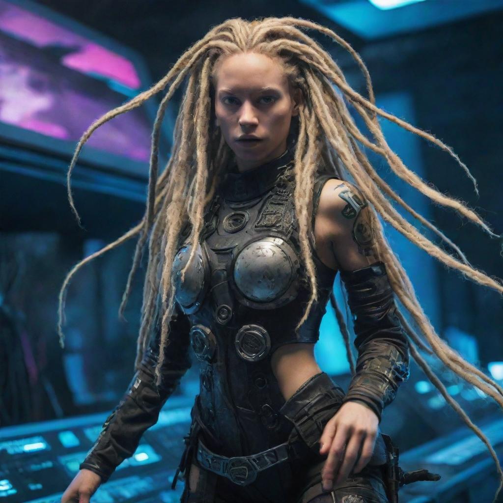 A psytrance-inspired cyber-organic figure with long blonde dreadlocks, courageously combating an extraterrestrial machine in a dynamic action sequence.