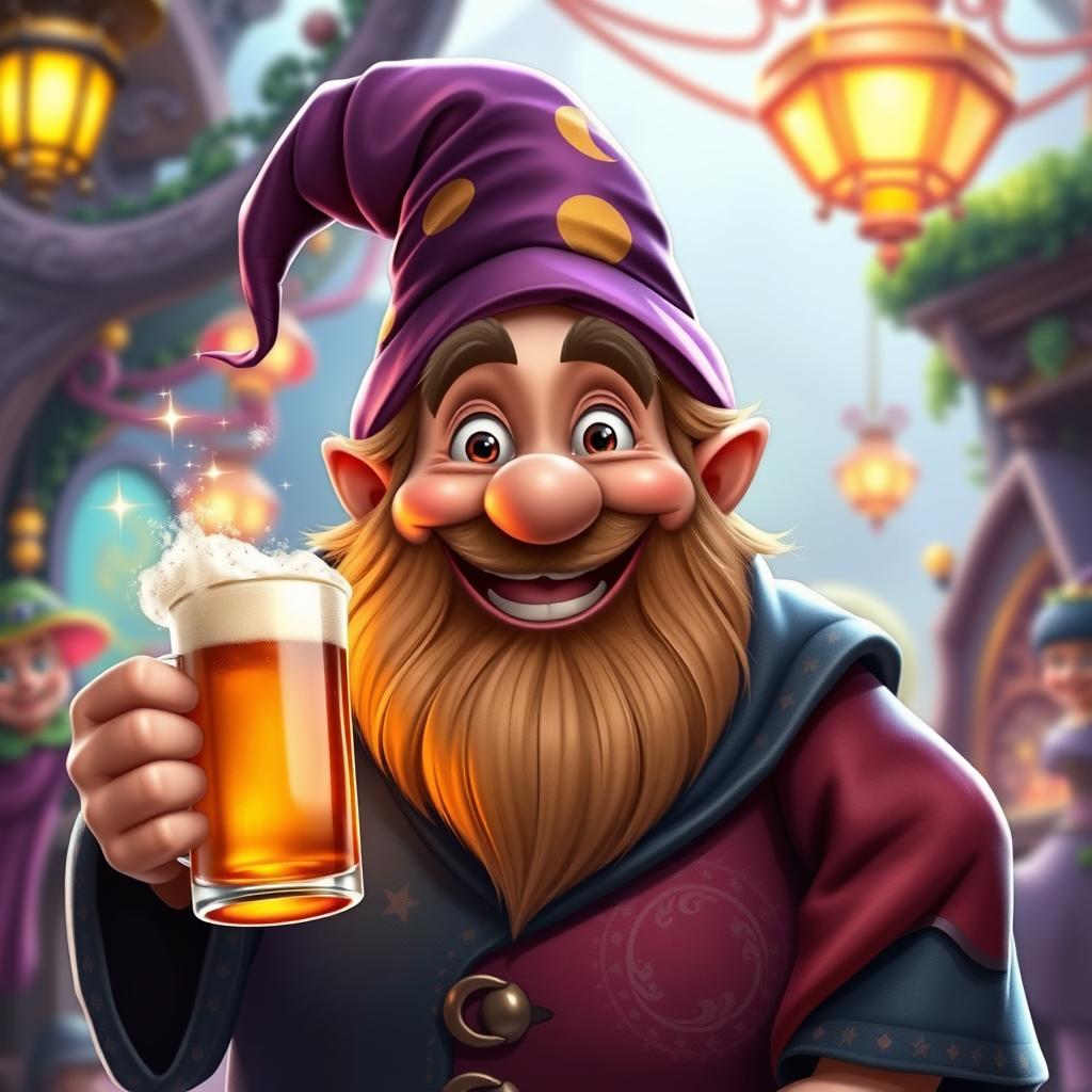 A realistic depiction of a cheerful, animated medium-sized wizard with a round belly and a joyful expression, resembling someone who has just enjoyed a drink