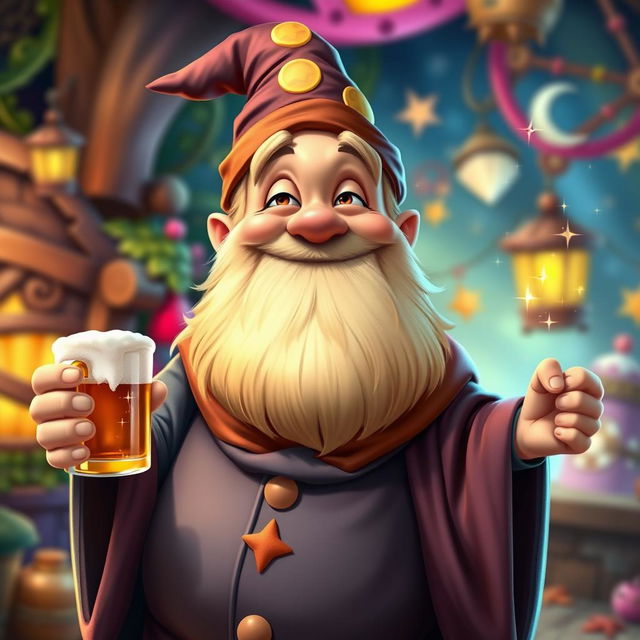 A realistic depiction of a cheerful, animated medium-sized wizard with a round belly and a joyful expression, resembling someone who has just enjoyed a drink