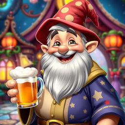 A realistic depiction of a cheerful, animated medium-sized wizard with a round belly and a joyful expression, resembling someone who has just enjoyed a drink