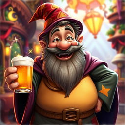 A realistic depiction of a cheerful, animated medium-sized wizard with a round belly and a joyful expression, resembling someone who has just enjoyed a drink