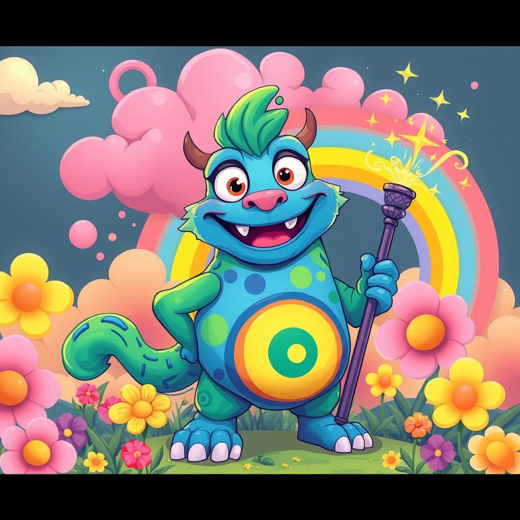 A vibrant, colorful illustration featuring a large, animated creature known as a 'locogod', with playful eyes and a mischievous grin