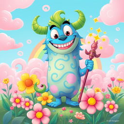 A vibrant, colorful illustration featuring a large, animated creature known as a 'locogod', with playful eyes and a mischievous grin