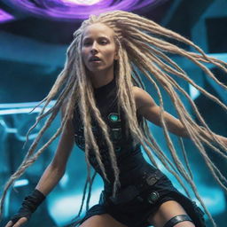 A psytrance-inspired cyber-organic figure with long blonde dreadlocks, courageously combating an extraterrestrial machine in a dynamic action sequence.