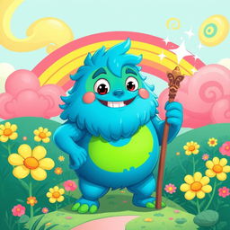 A vibrant, colorful illustration featuring a large, animated creature known as a 'locogod', with playful eyes and a mischievous grin