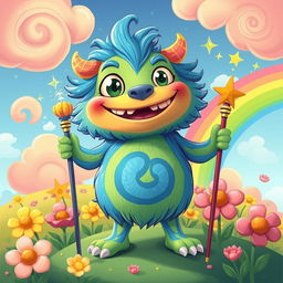 A vibrant, colorful illustration featuring a large, animated creature known as a 'locogod', with playful eyes and a mischievous grin