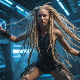 A psytrance-inspired cyber-organic figure with long blonde dreadlocks, courageously combating an extraterrestrial machine in a dynamic action sequence.