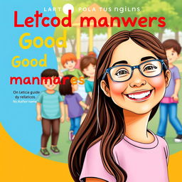 A charming book cover for a guide on good manners in Brazilian Portuguese, featuring Leticia, a joyful 10-year-old girl with long brown hair and glasses, smiling brightly in the foreground