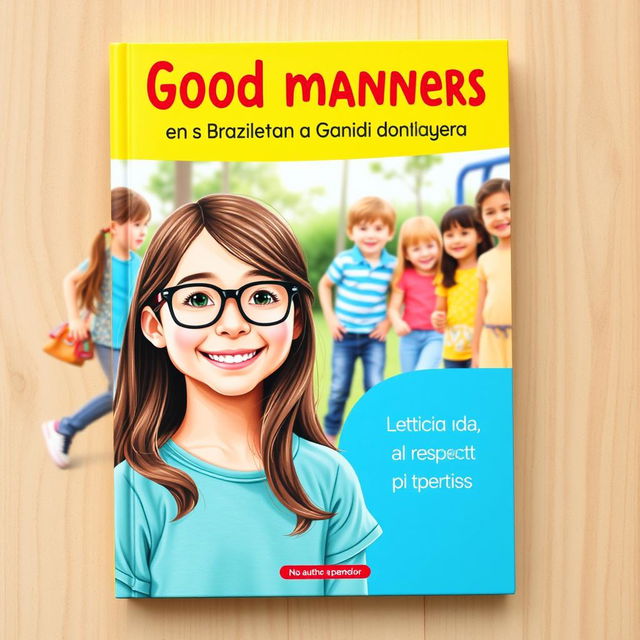 A charming book cover for a guide on good manners in Brazilian Portuguese, featuring Leticia, a joyful 10-year-old girl with long brown hair and glasses, smiling brightly in the foreground