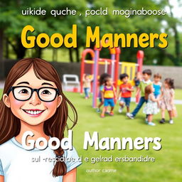 A charming book cover for a guide on good manners in Brazilian Portuguese, featuring Leticia, a joyful 10-year-old girl with long brown hair and glasses, smiling brightly in the foreground