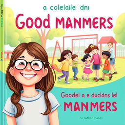 A charming book cover for a guide on good manners in Brazilian Portuguese, featuring Leticia, a joyful 10-year-old girl with long brown hair and glasses, smiling brightly in the foreground