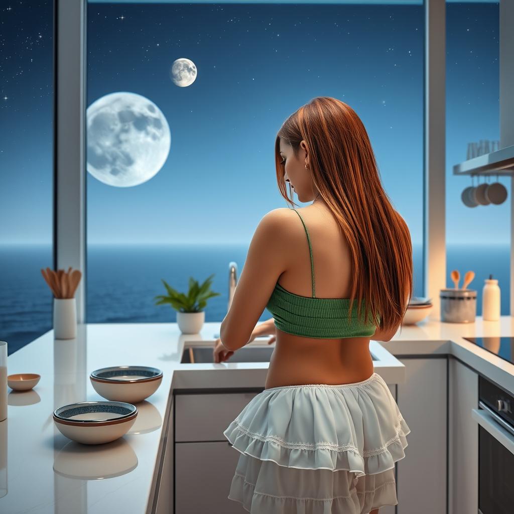 A sexy mature Arab woman aged 50 with long straight chestnut hair and beautiful facial features is seen from the back, washing dishes in a futuristic kitchen