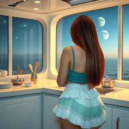 A sexy mature Arab woman aged 50 with long straight chestnut hair and beautiful facial features is seen from the back, washing dishes in a futuristic kitchen