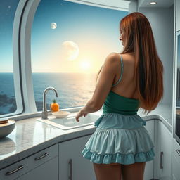 A sexy mature Arab woman aged 50 with long straight chestnut hair and beautiful facial features is seen from the back, washing dishes in a futuristic kitchen