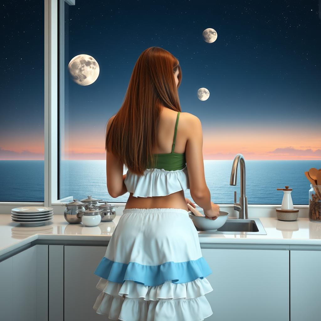 A sexy mature Arab woman aged 50 with long straight chestnut hair and attractive facial features is seen from the back, washing dishes in a futuristic kitchen