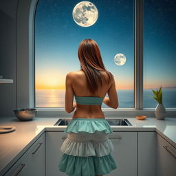 A sexy mature Arab woman aged 50 with long straight chestnut hair and attractive facial features is seen from the back, washing dishes in a futuristic kitchen