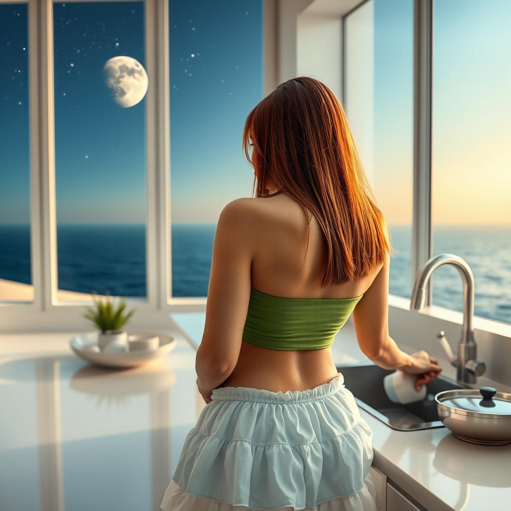 A sexy mature Arab woman aged 50 with long straight chestnut hair and attractive facial features is seen from the back, washing dishes in a futuristic kitchen