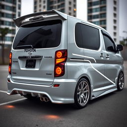 A custom 2003 Toyota Funcargo featuring a sporty body kit with sleek lines and integrated white LED lighting along the side