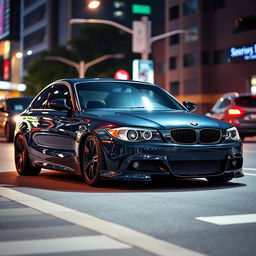 A stunning BMW E87 1 Series, featuring a sleek and sporty design, showcasing high-end aftermarket turbos installed in the engine bay