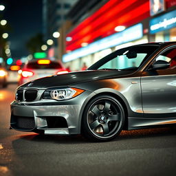 A stunning BMW E87 1 Series, featuring a sleek and sporty design, showcasing high-end aftermarket turbos installed in the engine bay