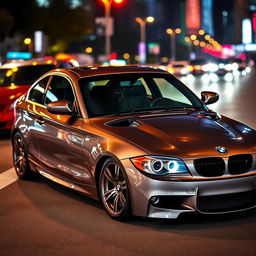 A stunning BMW E87 1 Series, featuring a sleek and sporty design, showcasing high-end aftermarket turbos installed in the engine bay