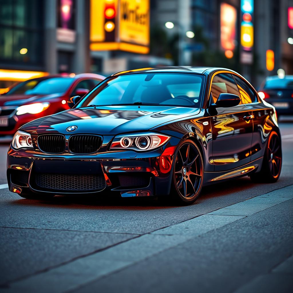 A stunning BMW E87 1 Series, featuring a sleek and sporty design, showcasing high-end aftermarket turbos installed in the engine bay