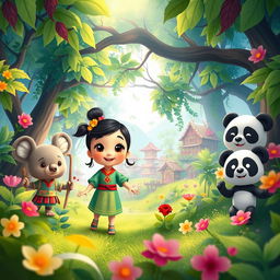 A vibrant, colorful scene depicting a scene inspired by the imaginative world of 'Ni Hao, Kai-Lan'