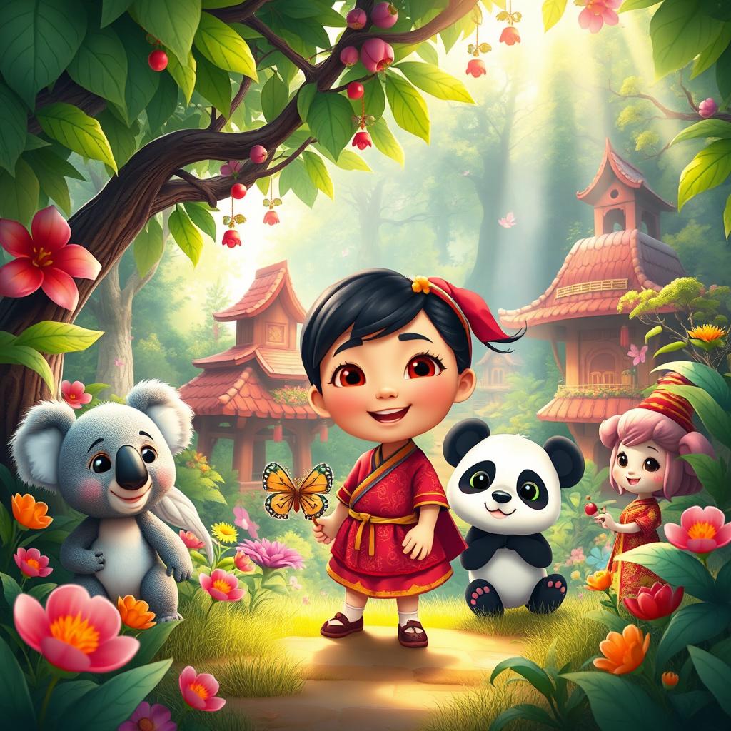 A vibrant, colorful scene depicting a scene inspired by the imaginative world of 'Ni Hao, Kai-Lan'