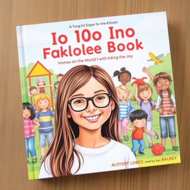 A captivating book cover featuring a cheerful 10-year-old girl with long brown hair and glasses, radiating happiness in the foreground