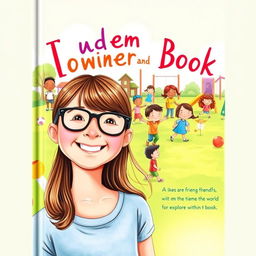 A captivating book cover featuring a cheerful 10-year-old girl with long brown hair and glasses, radiating happiness in the foreground