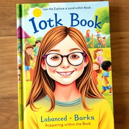 A captivating book cover featuring a cheerful 10-year-old girl with long brown hair and glasses, radiating happiness in the foreground