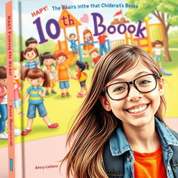 A captivating book cover featuring a cheerful 10-year-old girl with long brown hair and glasses, radiating happiness in the foreground