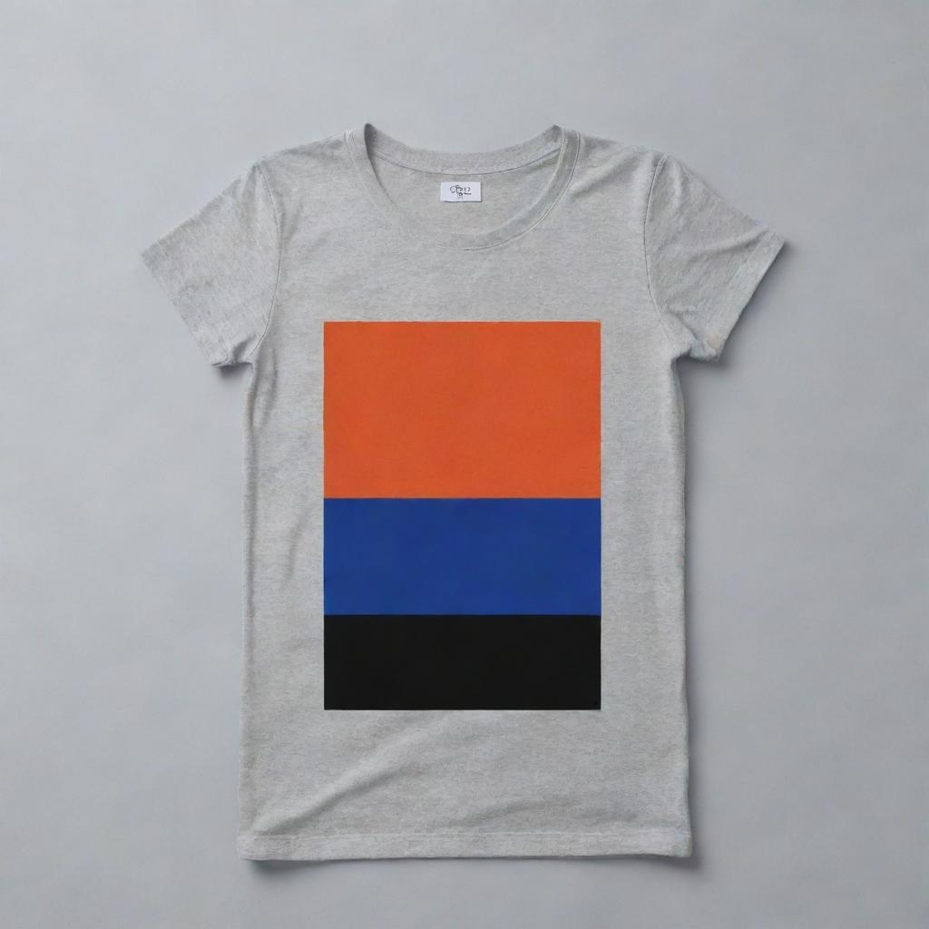 Design a t-shirt using a color palette with the colors #ECECEB (light grey), #000000 (black), #E25822 (burnt orange), and #10316B (deep blue).