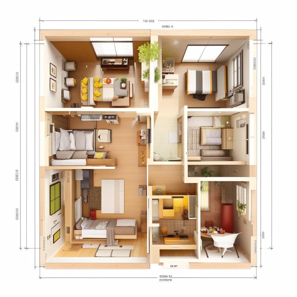 A detailed interior layout of a house measuring 15 by 56 square feet