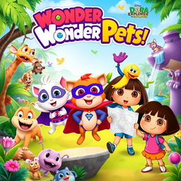 A dynamic and colorful poster featuring characters from 'Wonder Pets!' and 'Dora the Explorer'