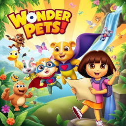 A dynamic and colorful poster featuring characters from 'Wonder Pets!' and 'Dora the Explorer'