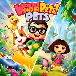 A dynamic and colorful poster featuring characters from 'Wonder Pets!' and 'Dora the Explorer'