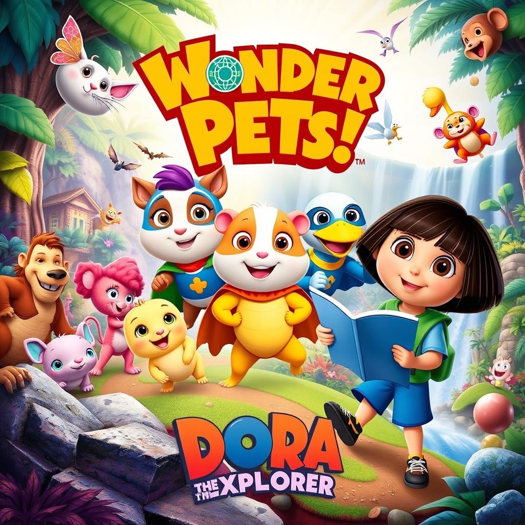 A dynamic and colorful poster featuring characters from 'Wonder Pets!' and 'Dora the Explorer'