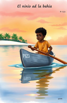 A vibrant watercolor scene depicting an 8-year-old Afro-descendant boy in a small gray wooden canoe named "Patrullero P-123", rowing through a tranquil bay at dawn in Puerto Barrios, Izabal, Guatemala