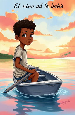 A vibrant watercolor scene depicting an 8-year-old Afro-descendant boy in a small gray wooden canoe named "Patrullero P-123", rowing through a tranquil bay at dawn in Puerto Barrios, Izabal, Guatemala