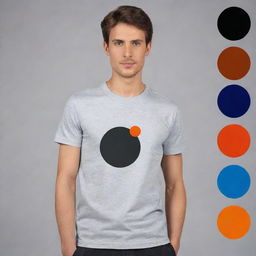 Design a t-shirt using a color palette with the colors #ECECEB (light grey), #000000 (black), #E25822 (burnt orange), and #10316B (deep blue).