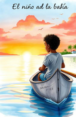 A vibrant watercolor scene depicting an 8-year-old Afro-descendant boy in a small gray wooden canoe named "Patrullero P-123", rowing through a tranquil bay at dawn in Puerto Barrios, Izabal, Guatemala