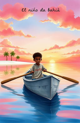 A vibrant watercolor scene depicting an 8-year-old Afro-descendant boy in a small gray wooden canoe named "Patrullero P-123", rowing through a tranquil bay at dawn in Puerto Barrios, Izabal, Guatemala