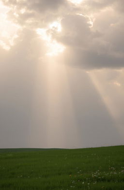 A serene landscape depicting soft, diffused sunlight breaking through gray clouds, illuminating the scene with a warm glow