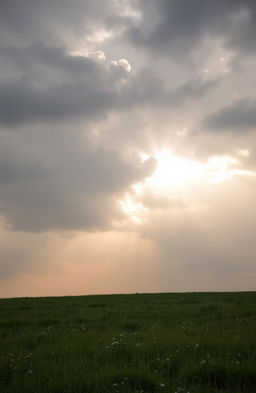 A serene landscape depicting soft, diffused sunlight breaking through gray clouds, illuminating the scene with a warm glow