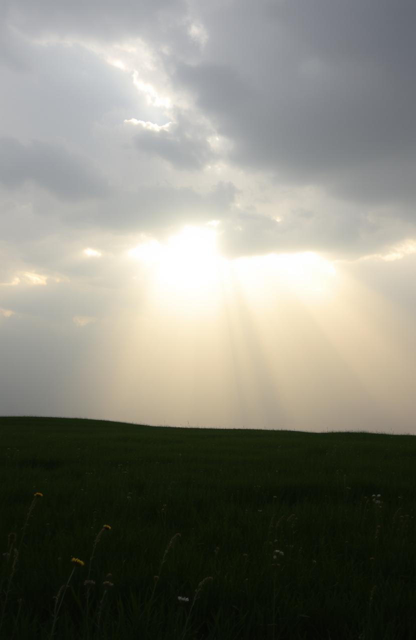 A serene landscape depicting soft, diffused sunlight breaking through gray clouds, illuminating the scene with a warm glow