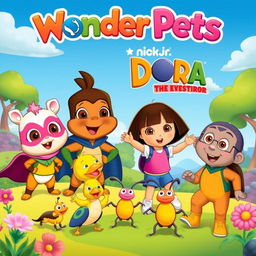 A colorful and engaging poster featuring the 'Wonder Pets!' and 'Dora the Explorer' joining forces to save a group of cheerful beetles