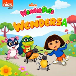 A colorful and engaging poster featuring the 'Wonder Pets!' and 'Dora the Explorer' joining forces to save a group of cheerful beetles