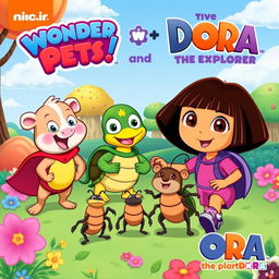 A colorful and engaging poster featuring the 'Wonder Pets!' and 'Dora the Explorer' joining forces to save a group of cheerful beetles